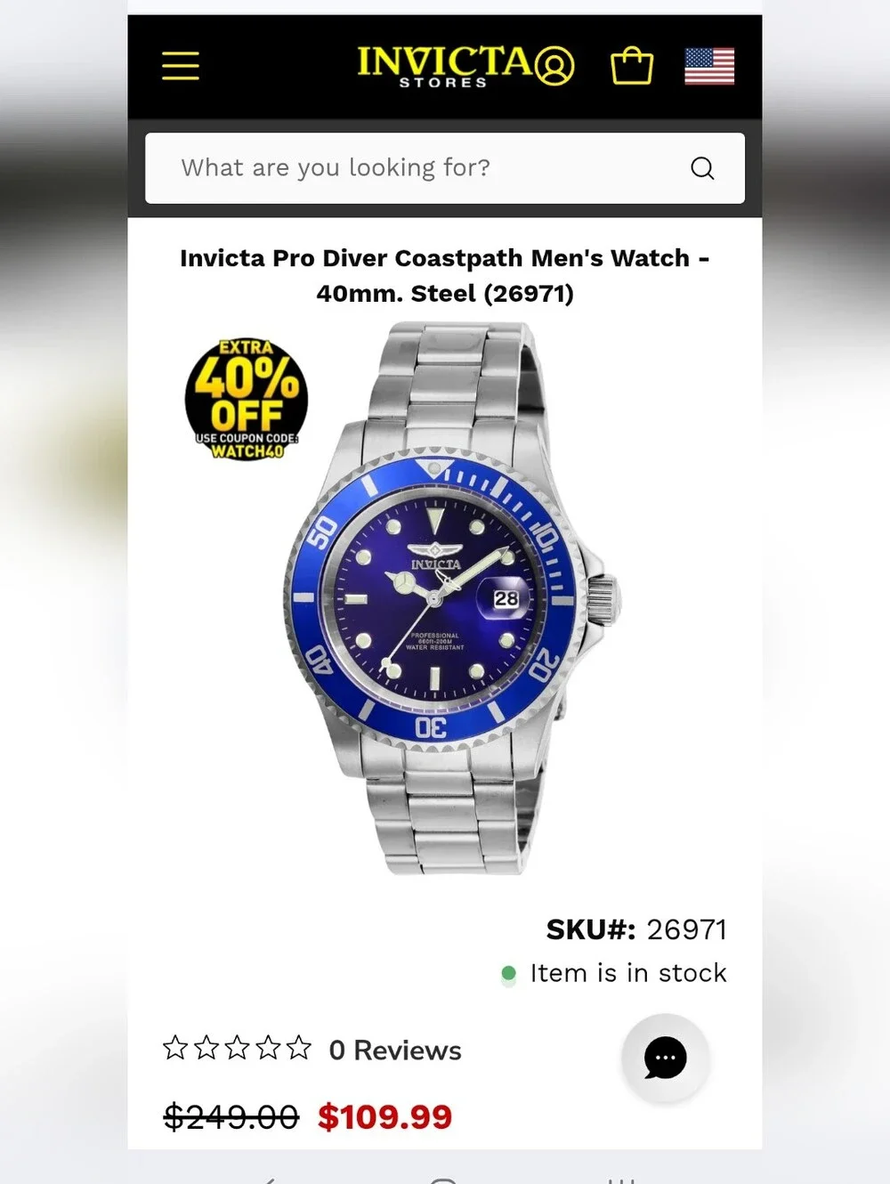 309.  Invicta Pro Diver Coastpath Men's Watch - 40mm. Steel (26971)